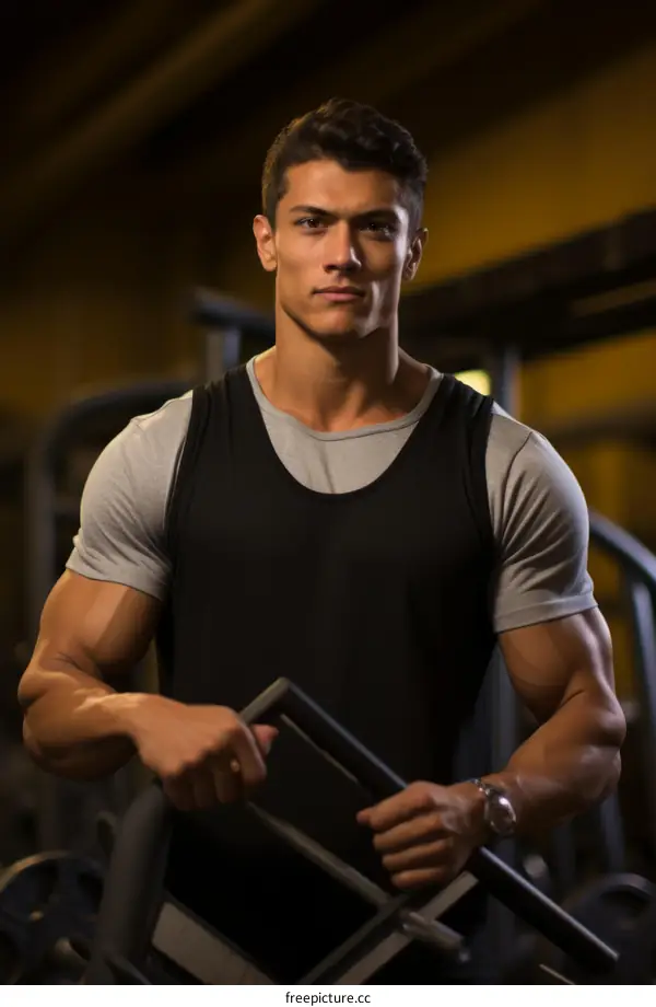 Portrait of a young muscular man standing in a gym