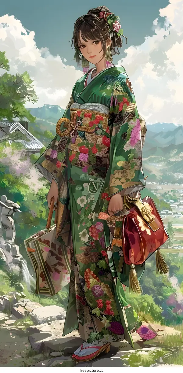 Japanese Woman in a Green Kimono