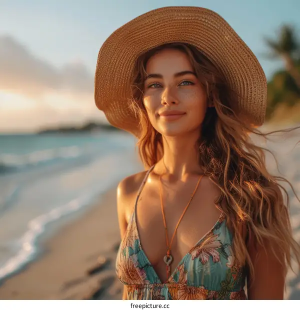 Portrait of a beautiful young woman in a straw hat standing on a beach at sunset