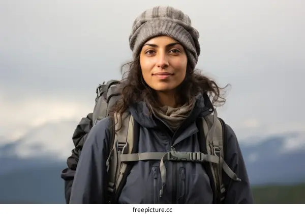 portrait of a young woman wearing a beanie and a backpack