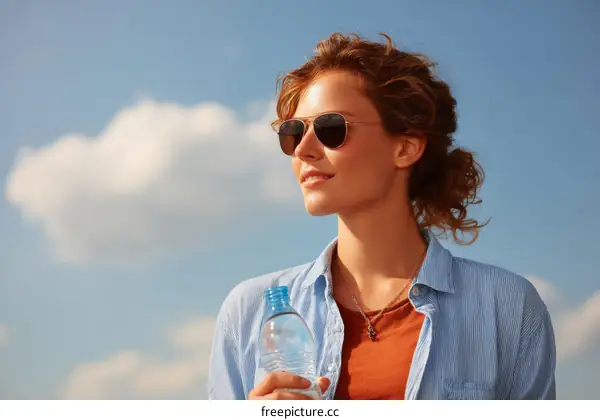 Woman with Water Bottle and Sunglasses Outdoors
