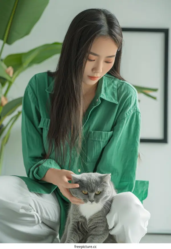 A young woman is petting a gray cat