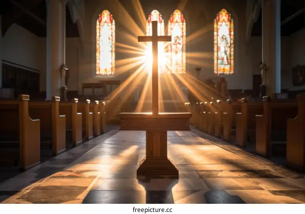 Sunlight Through Stained Glass Windows in a Church