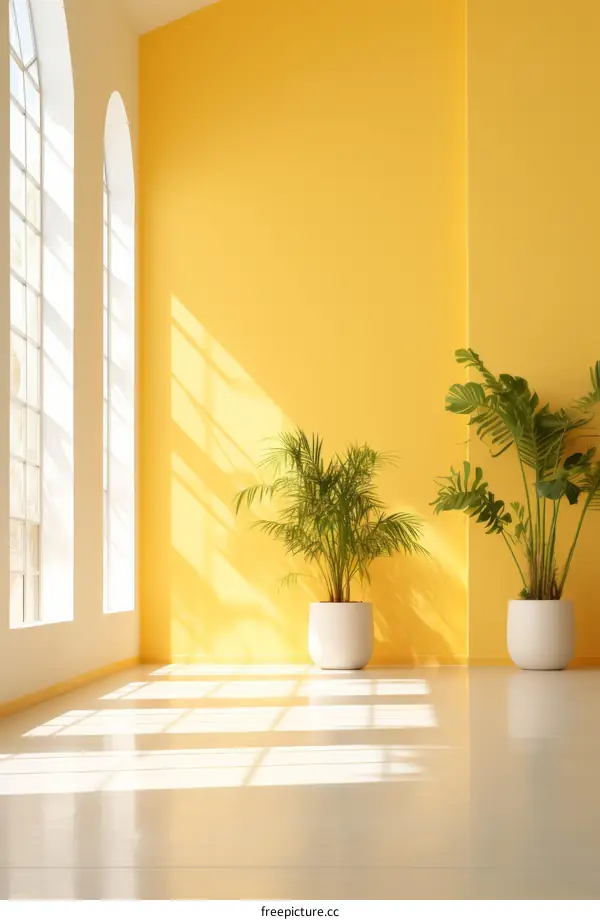 Two pot plants in front of a yellow wall