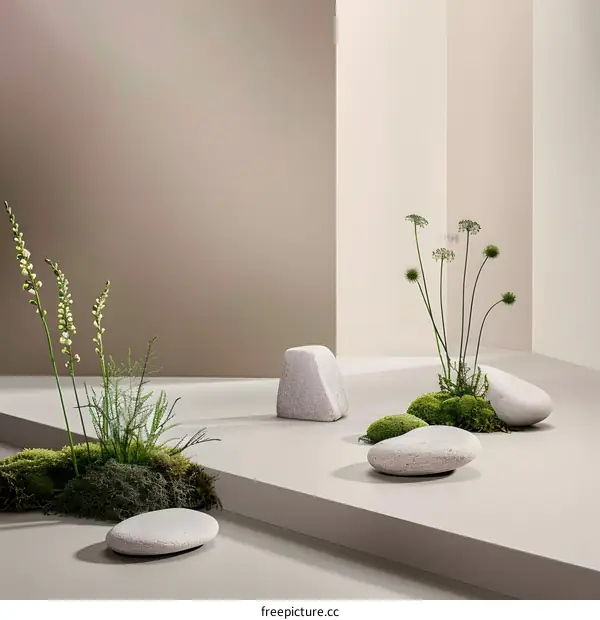Minimalist Still Life with White Stones and Greenery