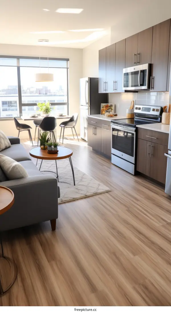 An open-concept living space with a modern kitchen and dining area