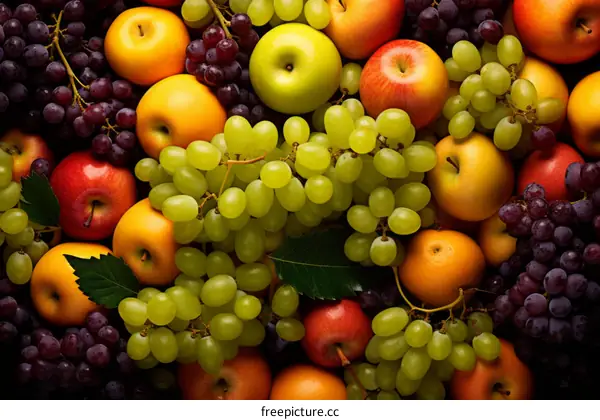 Assortment of Fruits Including Apples and Grapes