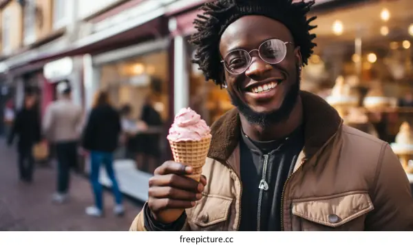 A young African-American man is eating an ice cream cone on the street.