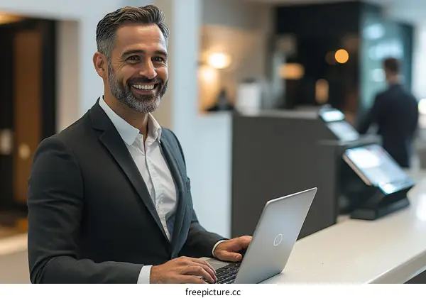 Businessman at Hotel Reception Desk Smiling