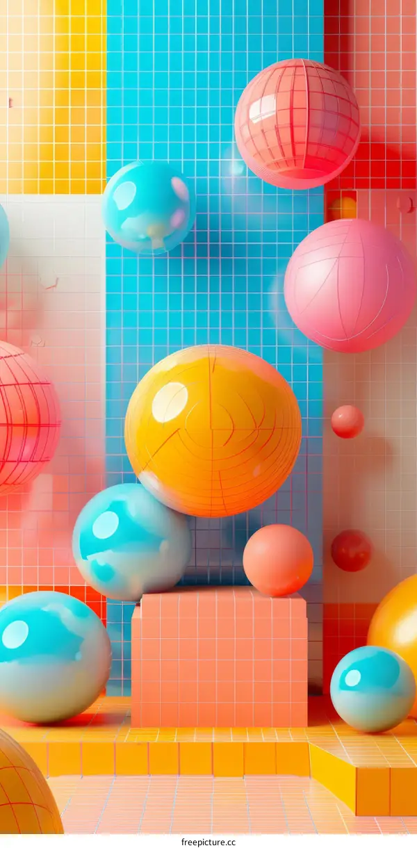 Colorful 3D Spheres Floating in a Gridded Background