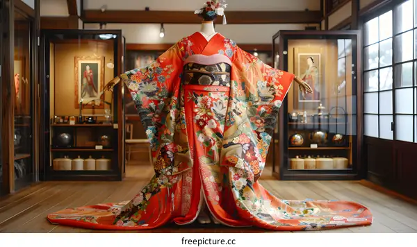 A traditional Japanese wedding kimono displayed in a museum.