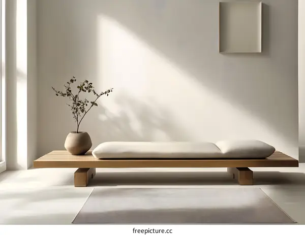 Minimalist Wooden Bench With Cushion and a Plant in a Room with a White Wall