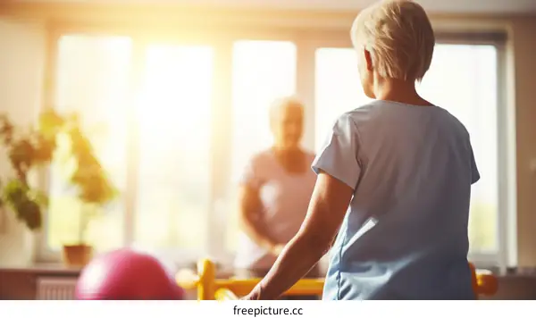 Senior woman doing stretching exercises with a physical therapist