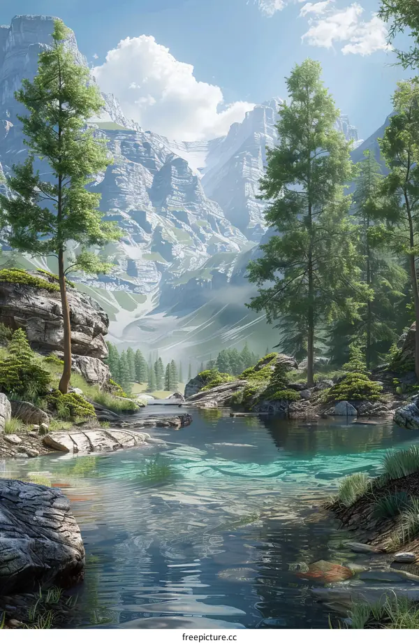 A captivating landscape of serene mountains, lush greenery, and a tranquil river