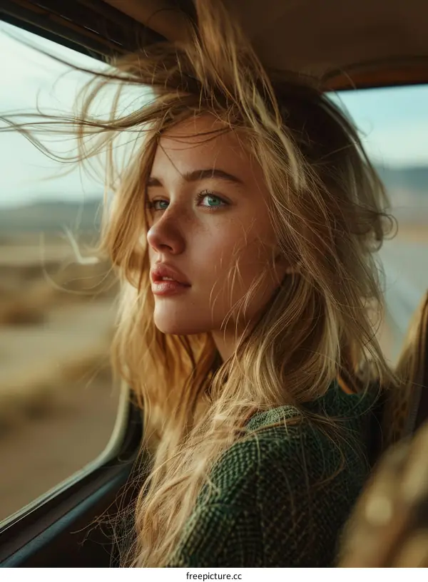 Young woman with long blonde hair looking out the window of a moving vehicle