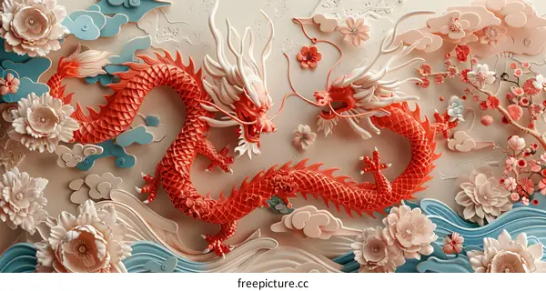 Chinese Red and White Dragons with Pink Flowers and Blue Clouds
