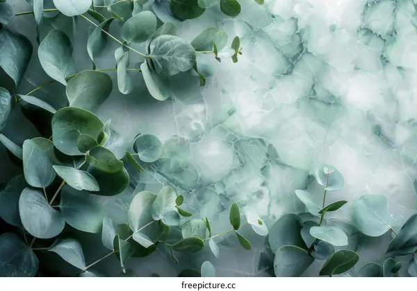 Close-up of eucalyptus leaves on a marble background