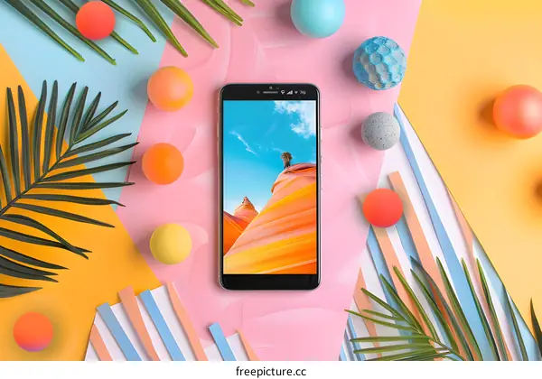 Colorful Phone Background with Palm Leaves and Balls