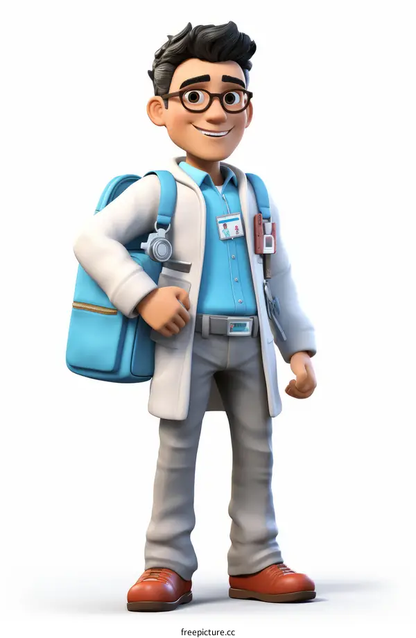 A male doctor with a backpack is smiling