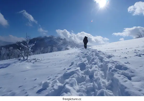 Snowy Mountain Trail With Person Hiking Upwards
