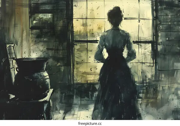 A woman standing in front of a window looking out