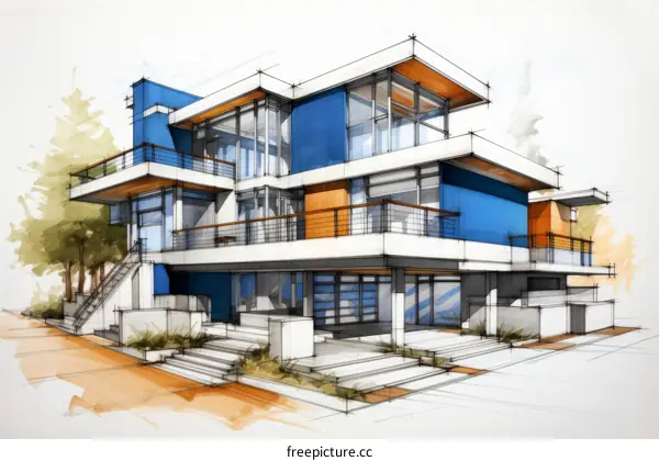 Modern house exterior design with blue accents