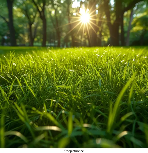 Sunlight shining through the trees onto a lush green grassy field