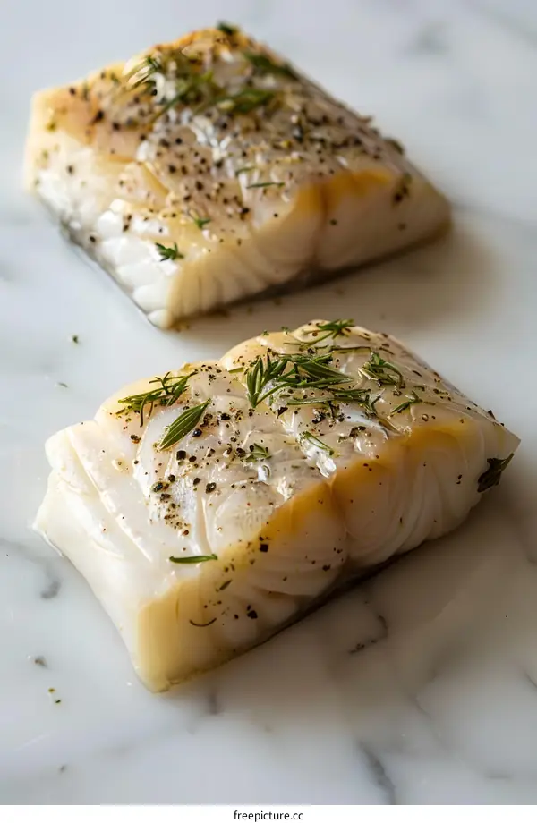 Raw Cod Fish Pieces with Spices on Marble Surface