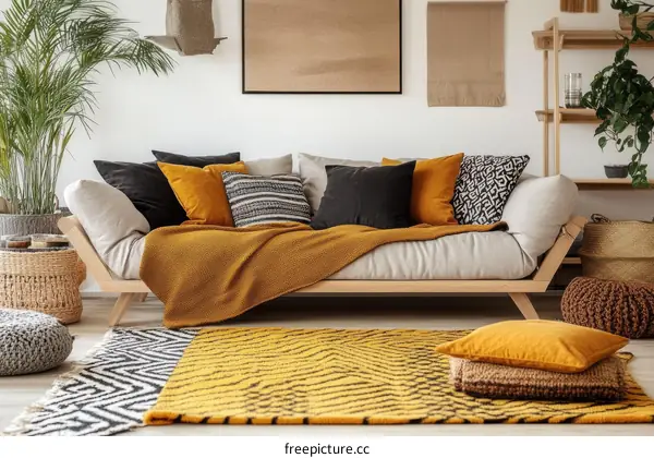 Modern Living Room with Mustard Yellow Sofa and Zebra Rug