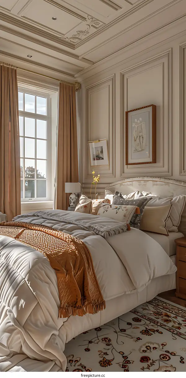 A bedroom with a large window, a bed, and a patterned rug.
