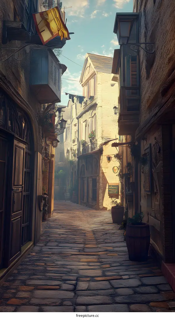Cobblestone Alleyway in Old Town with Sun Shining Through