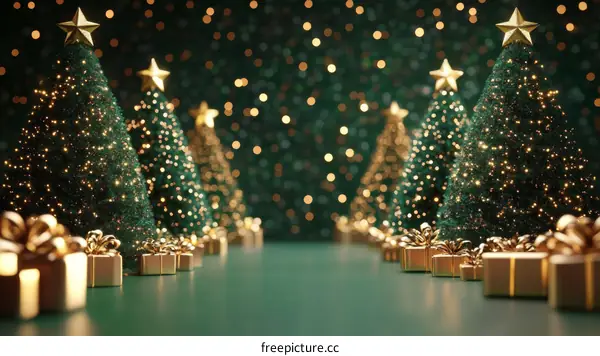 Christmas Trees with Golden Gifts Illustration