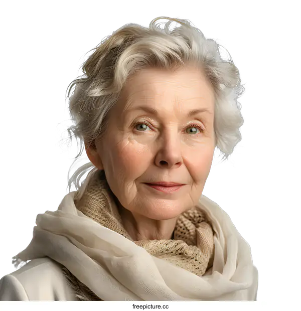 [Transparent Background PNG]portrait of an elderly woman with white hair and green eyes