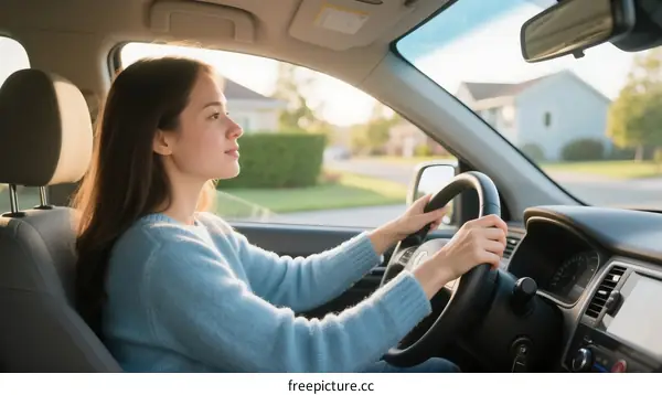 A Young Woman Driving a Car Through a Residential Area