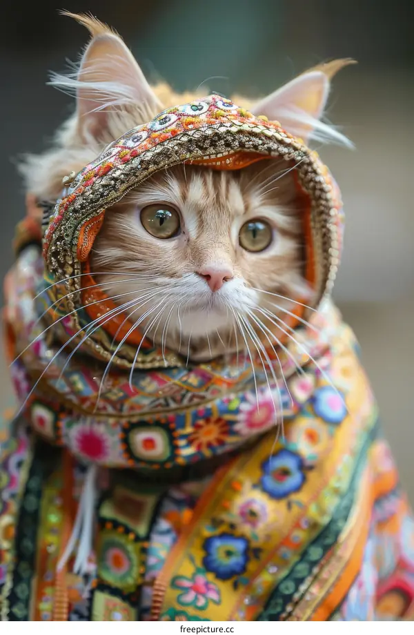 A ginger cat wearing a colorful scarf