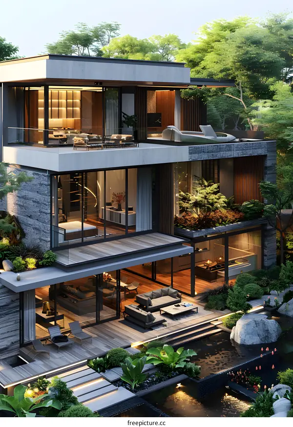 A modern villa with a beautiful garden and a swimming pool