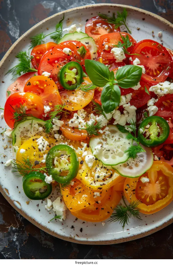 Heirloom tomato salad with cucumbers, feta, jalapenos and dill
