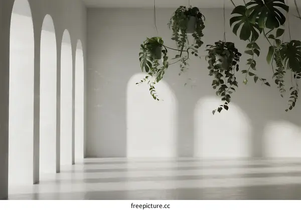 Minimalist White Room with Hanging Green Plants and Arched Windows