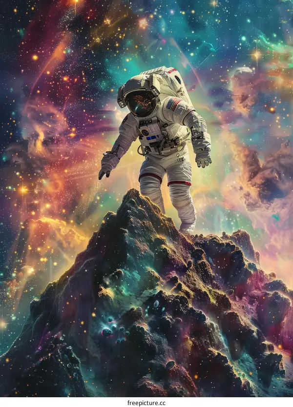 An astronaut in a spacesuit walking on a mountain in space