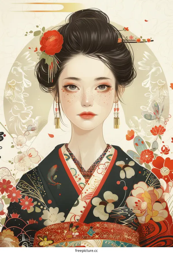 An illustration of a beautiful Japanese woman in a kimono with flowers in her hair and traditional Japanese clothing.