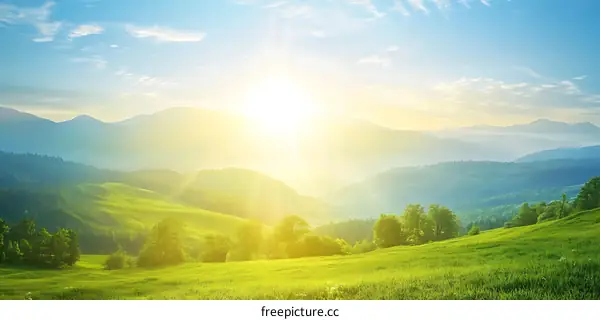 Sunrise over Green Hills and Mountains