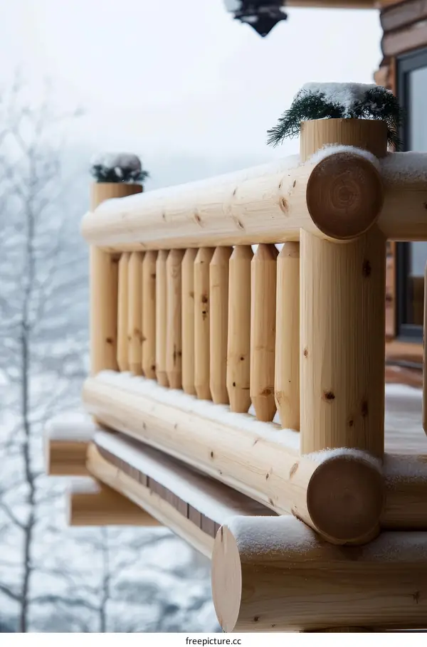 Wooden Log Balcony Railing in Winter