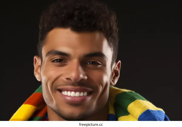 A young man with curly hair is smiling. He is wearing a colorful scarf.