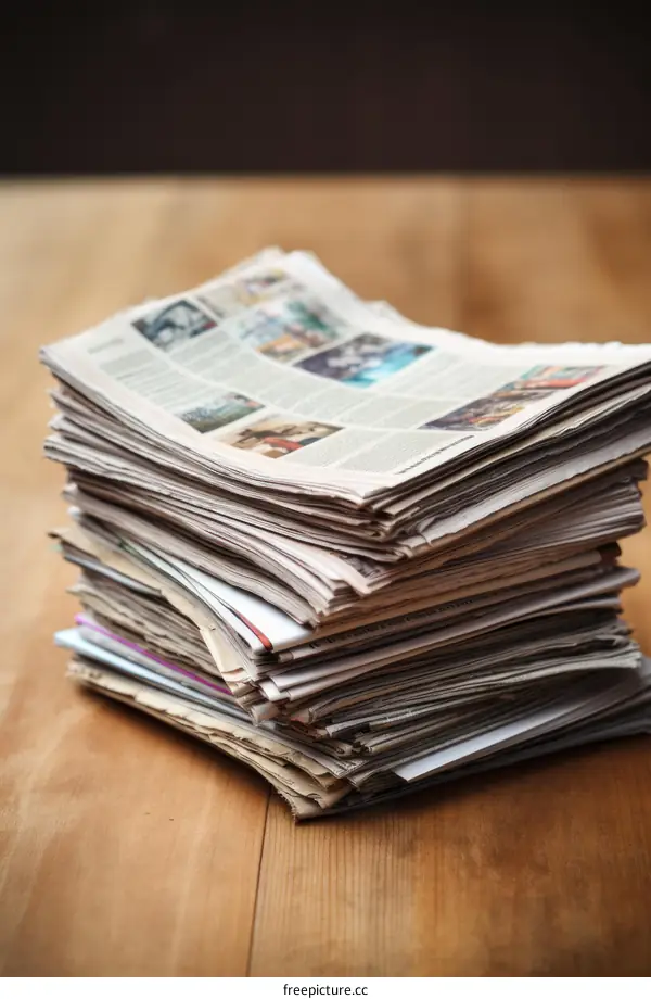Vintage Newspaper Stack on Wooden Table