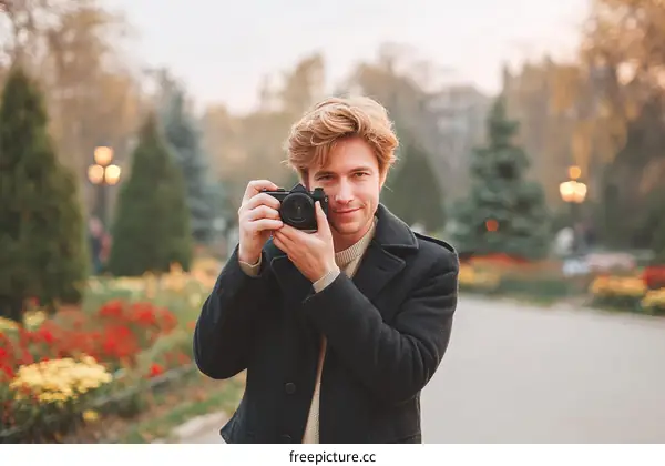 Young Man Taking Photos in Autumn Park