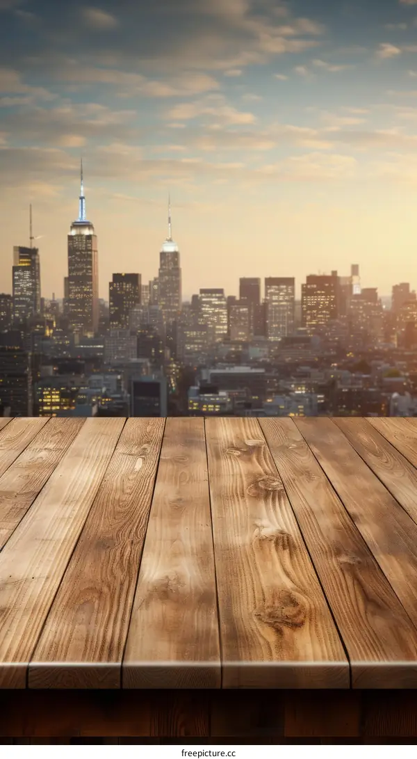 Empty Wooden Table with City Skyline