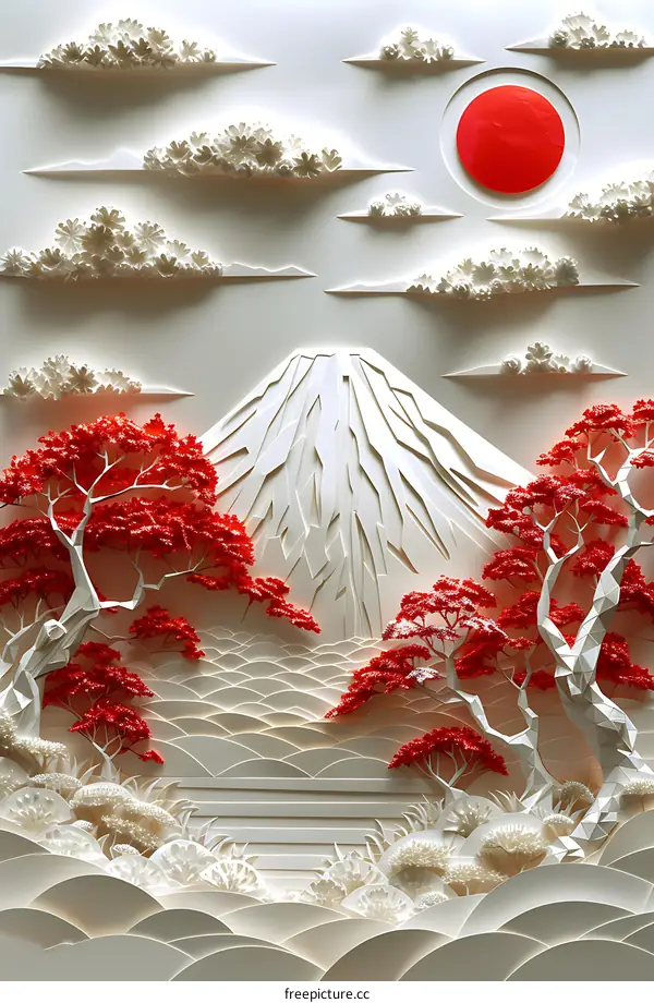 Mount Fuji with red trees and clouds made of paper