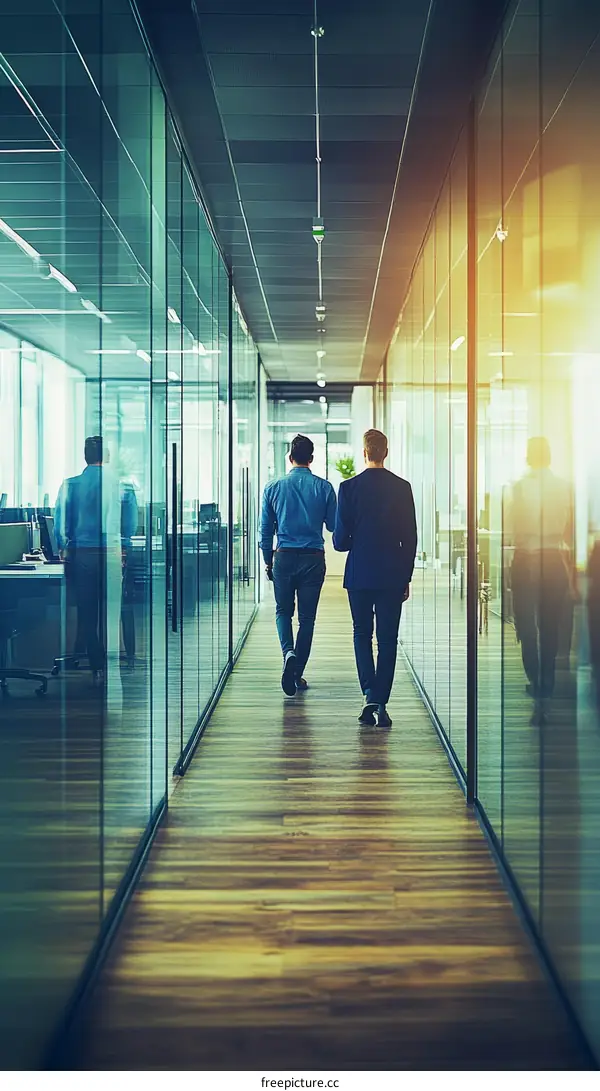 Modern Business Corridor with Two People Walking