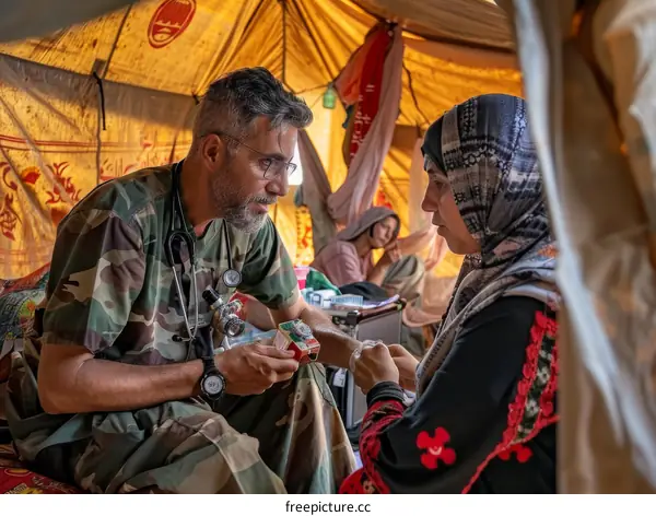 Doctor examines a patient in a tent at a refugee camp.