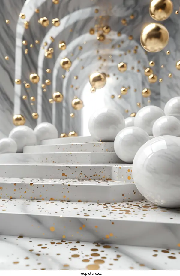 Abstract Marble Stairway with Golden Balls